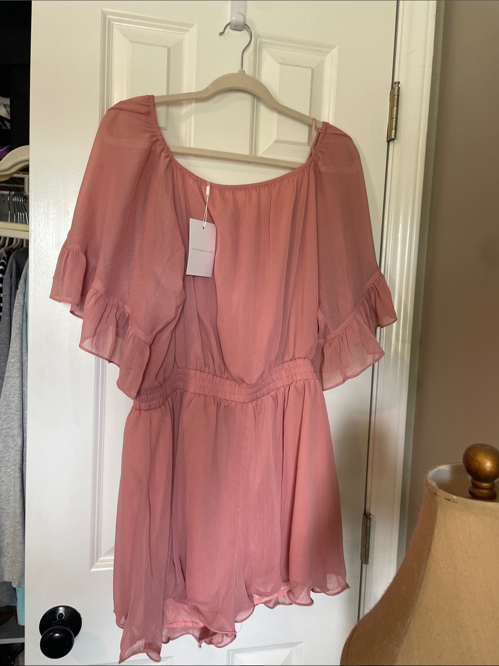 Endless Rose Dusty Rose Off-Shoulder Romper. Rose gold